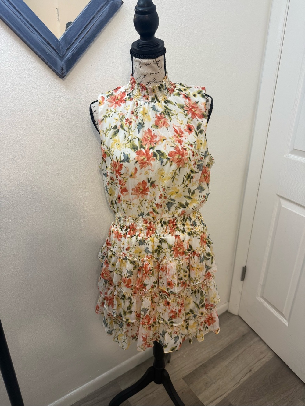 STATE Floral Smocked Neck Mini Dress - White with Coral & Yellow